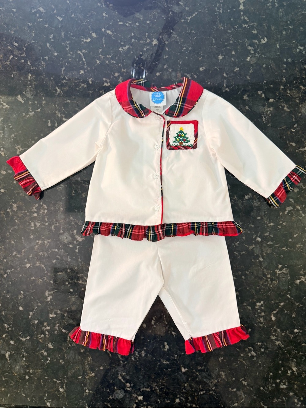 KREWE White Set with Red Plaid Trim and Tree Smocked Patch Sz12M